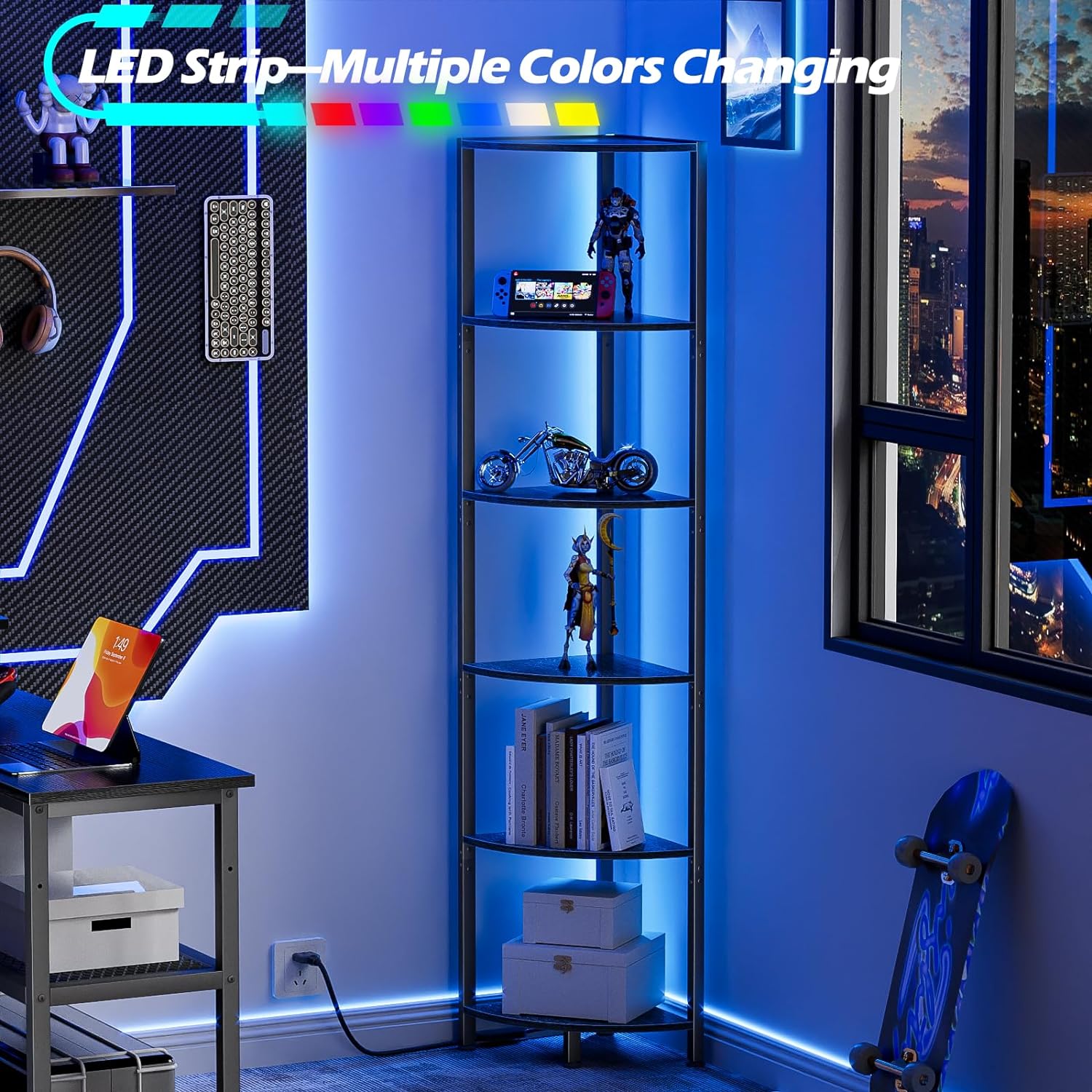 Furnulem 6 Tier Corner Shelf with LED Light Black