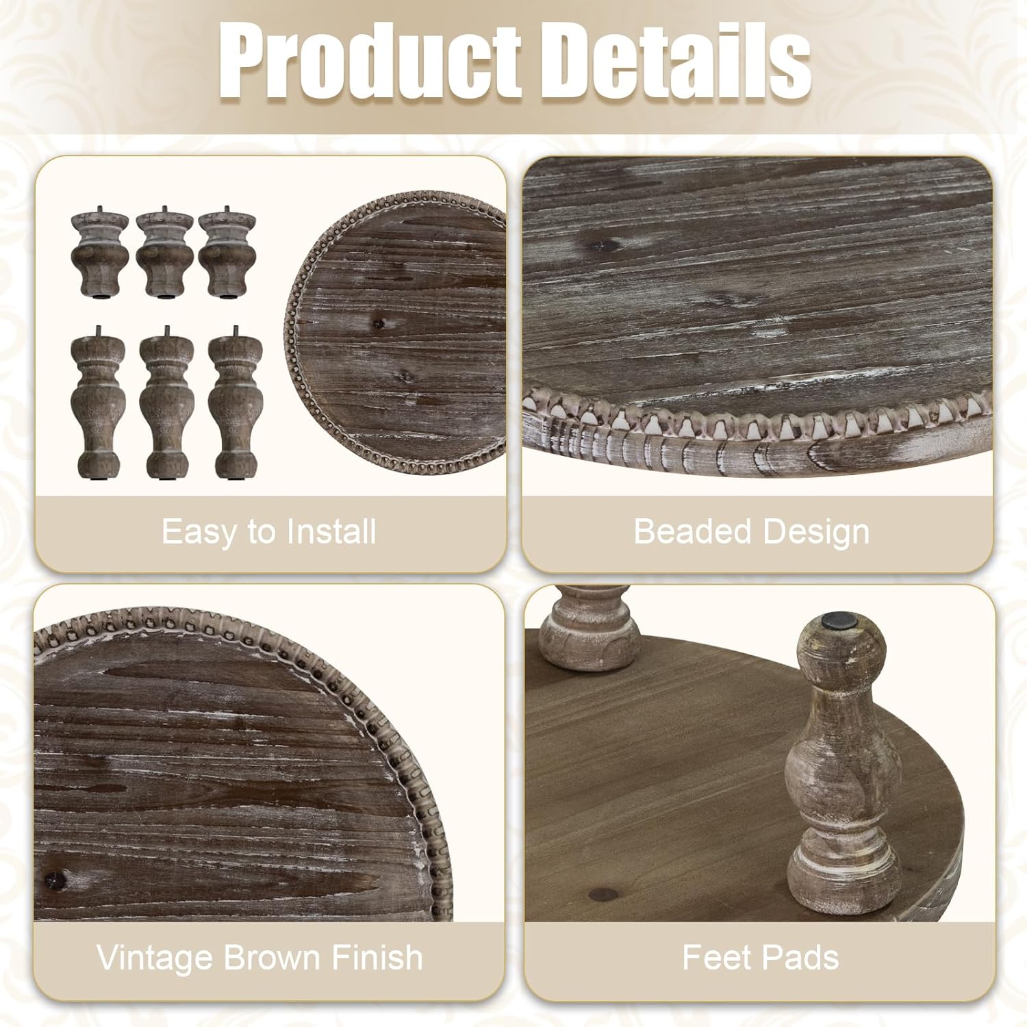 Farmhouse Wood Riser Stand with Beaded Design 1187 Inch Round