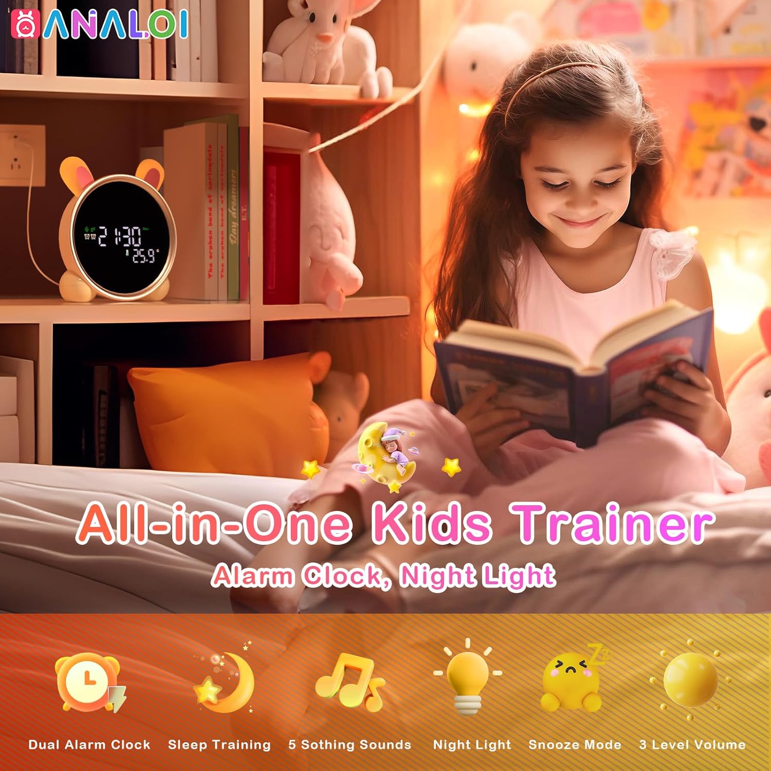 Kids Alarm Clock with Night Light and Sleep Training Rabbit