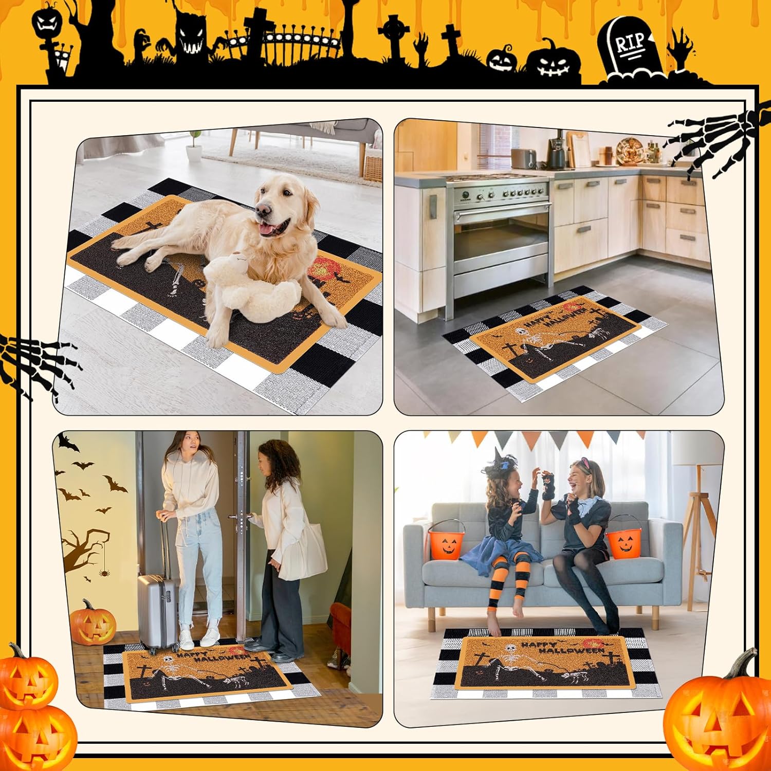 Halloween Skull Door Mat and Buffalo Plaid Rug Set