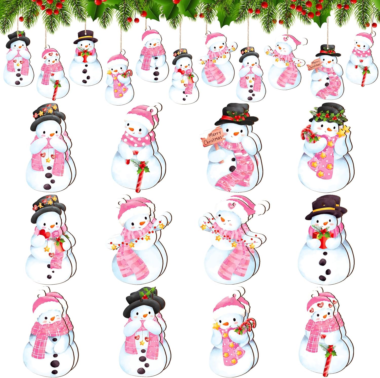 24Pcs Pink Christmas Wood Hanging Ornaments with Hemp Rope