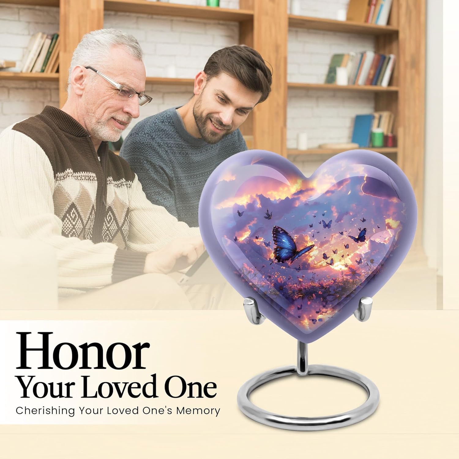 Twilight Butterflies Small Heart Urn - Purple Cremation Keepsake for Human Ashes