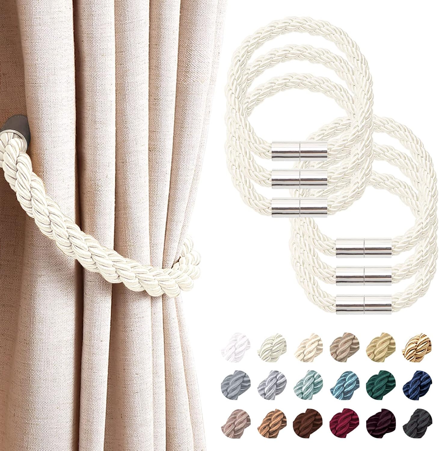 NICEEC 6 Pack Magnetic Curtain Holdbacks Creamy-White
