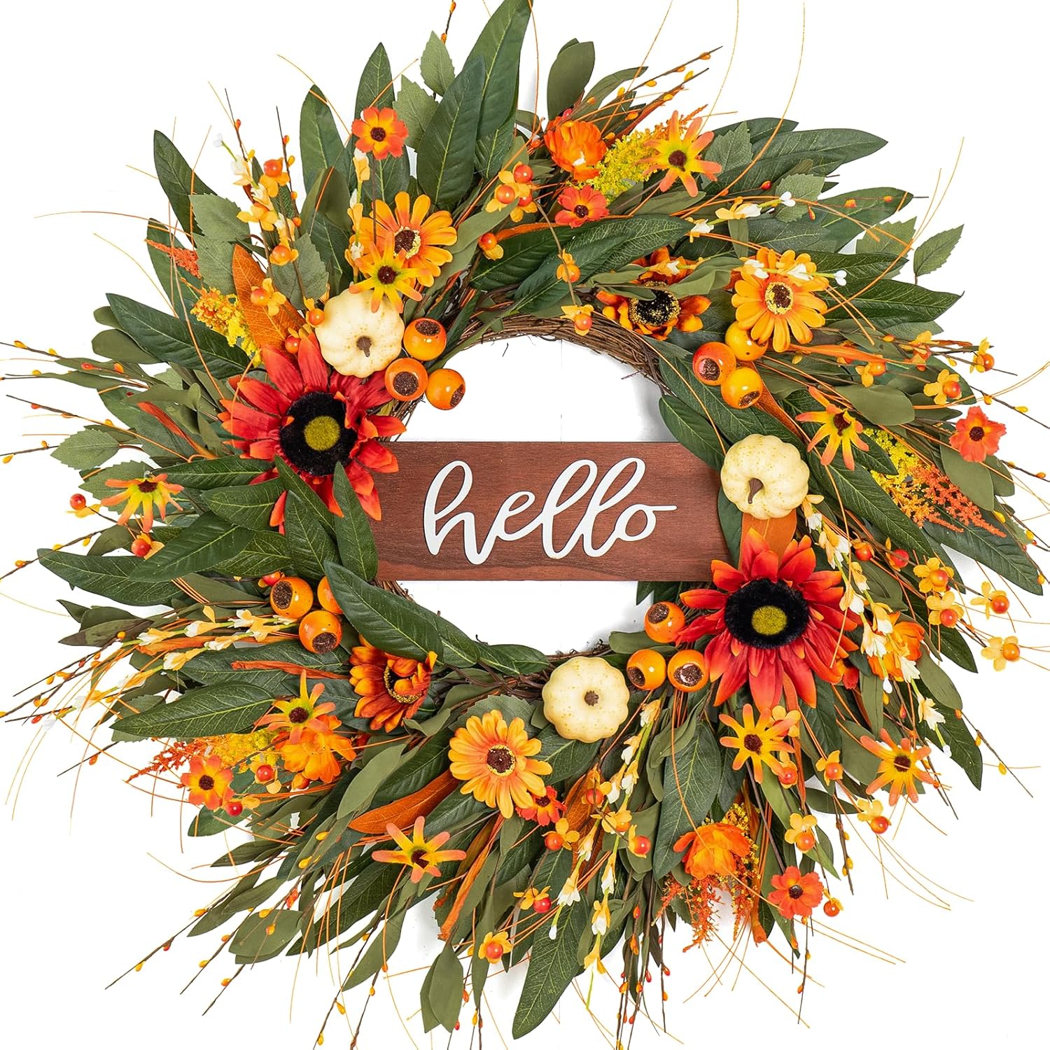 24 Inch Artificial Autumn Wreath with Hello Sign