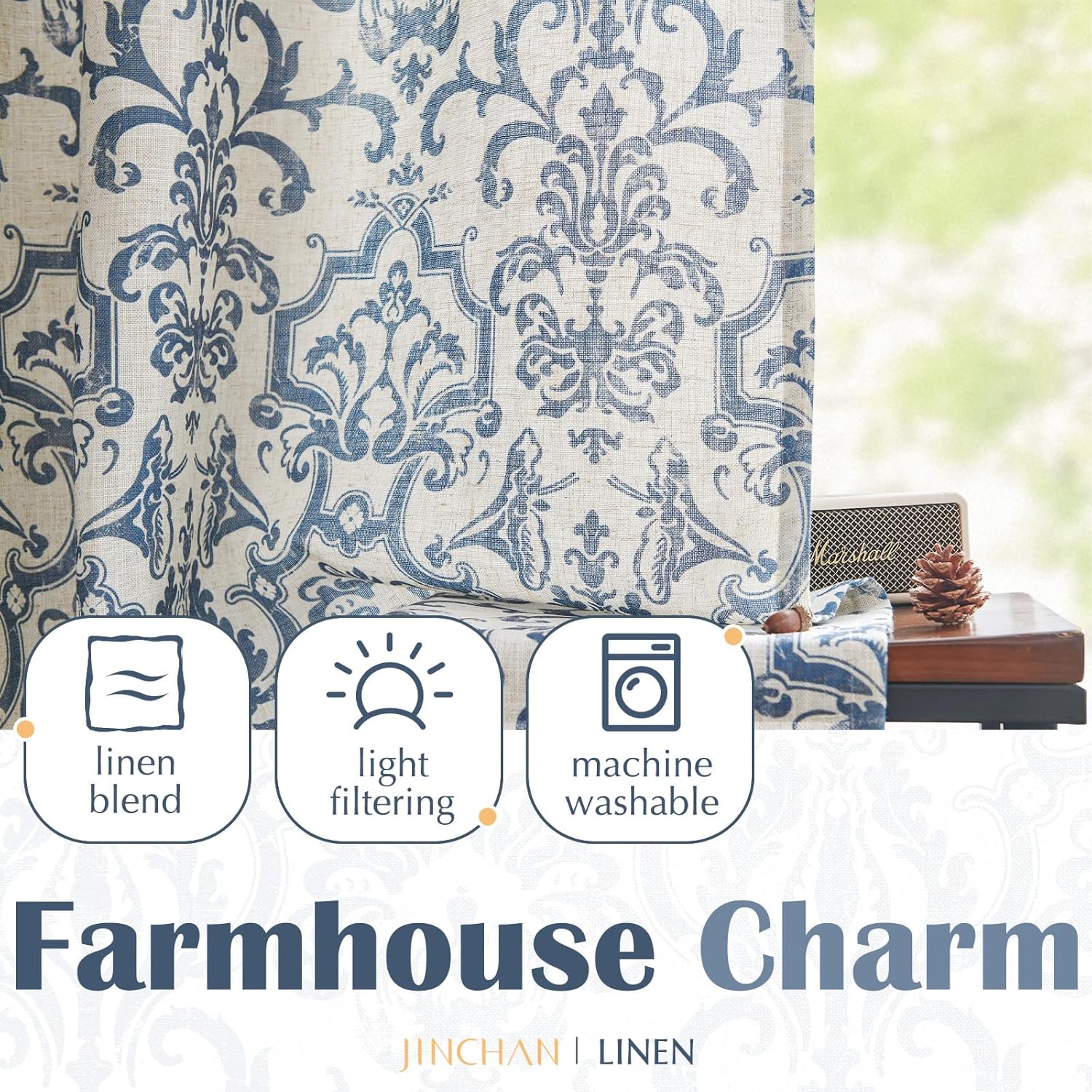 Jinchan Linen Valance Curtain 45 Inch Slate Blue