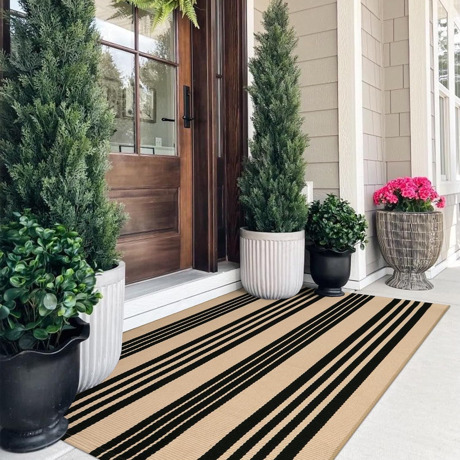 OJIA 24x51 Front Door Mat Black Tan Striped