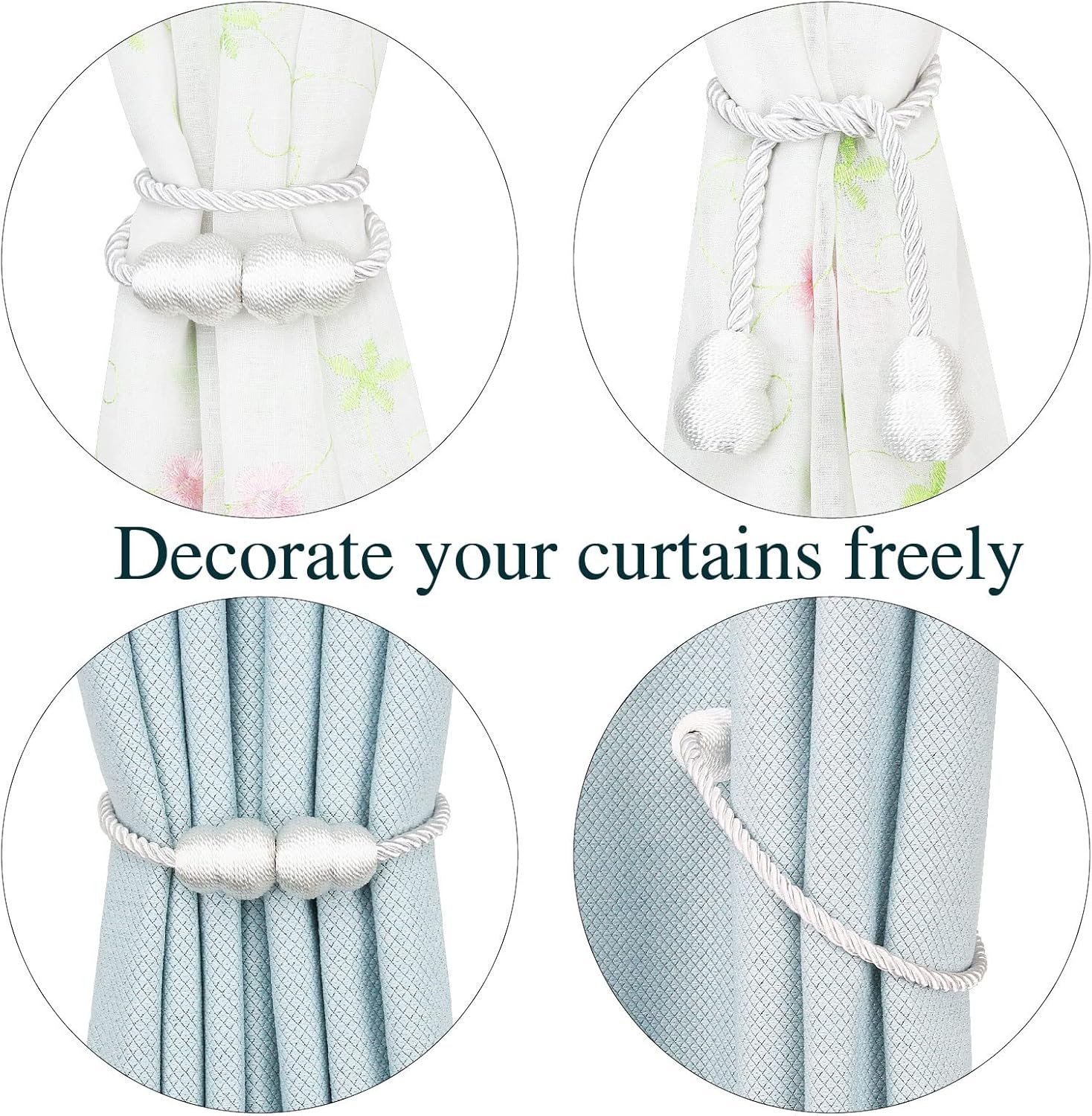 Magnetic Curtain Tiebacks 2 Pack White Rope Holders