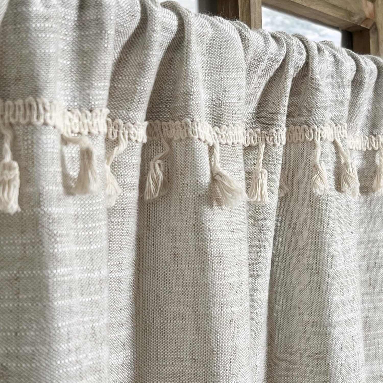 Boho Tassel Kitchen Curtains 2 Panels Natural 36 Inch Length