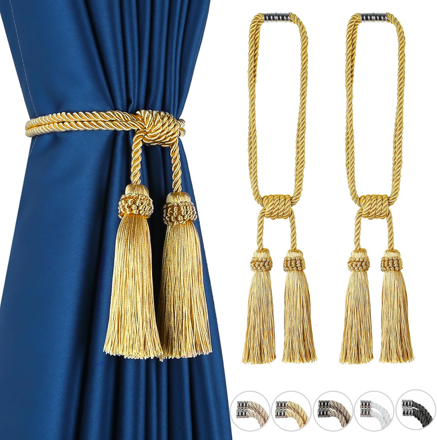 Fenghuangwu Magnetic Curtain Tiebacks 2 Pack Gold Tassel Holdback