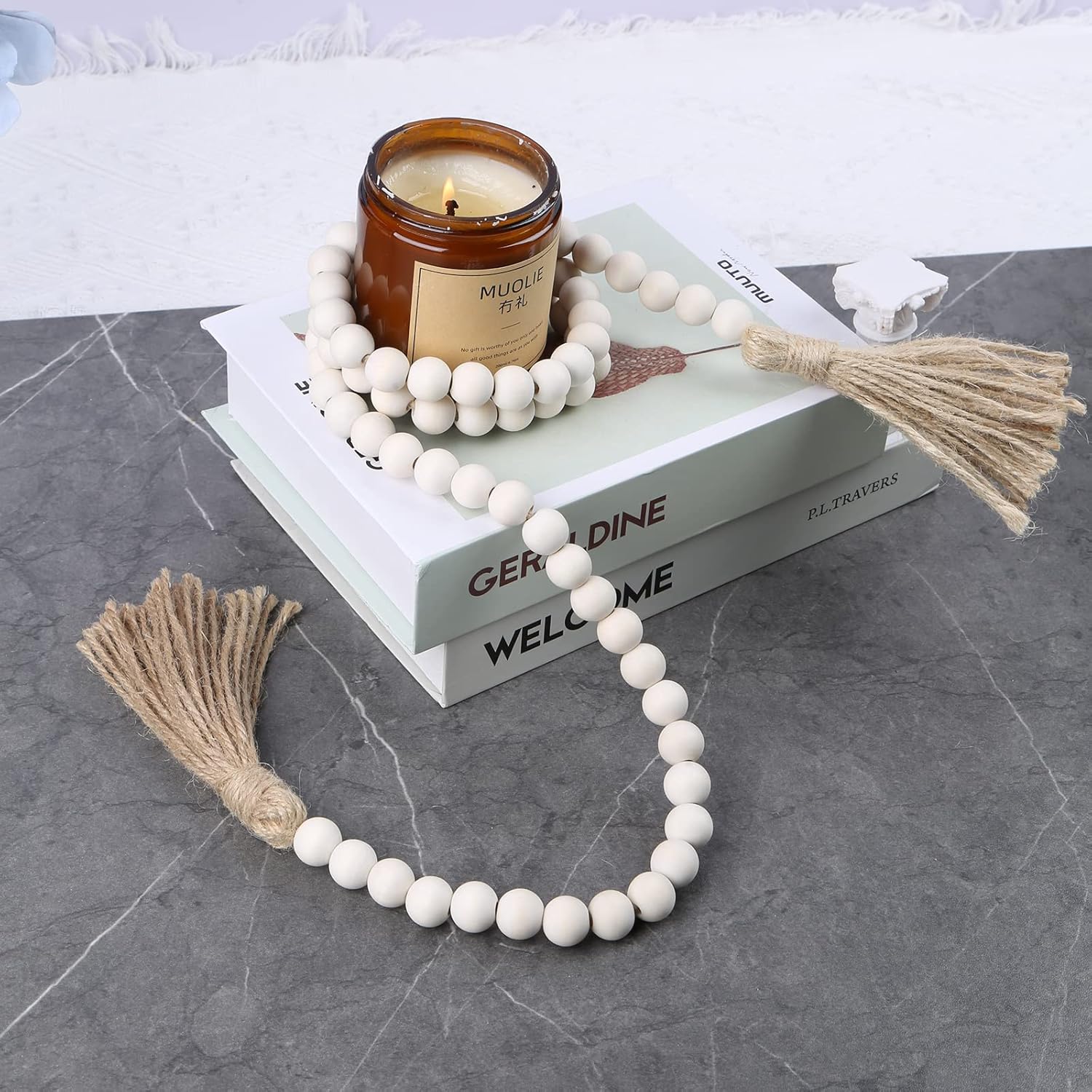 Farmhouse Beads 58 Inch Wood Garland with Tassels Rustic Decor