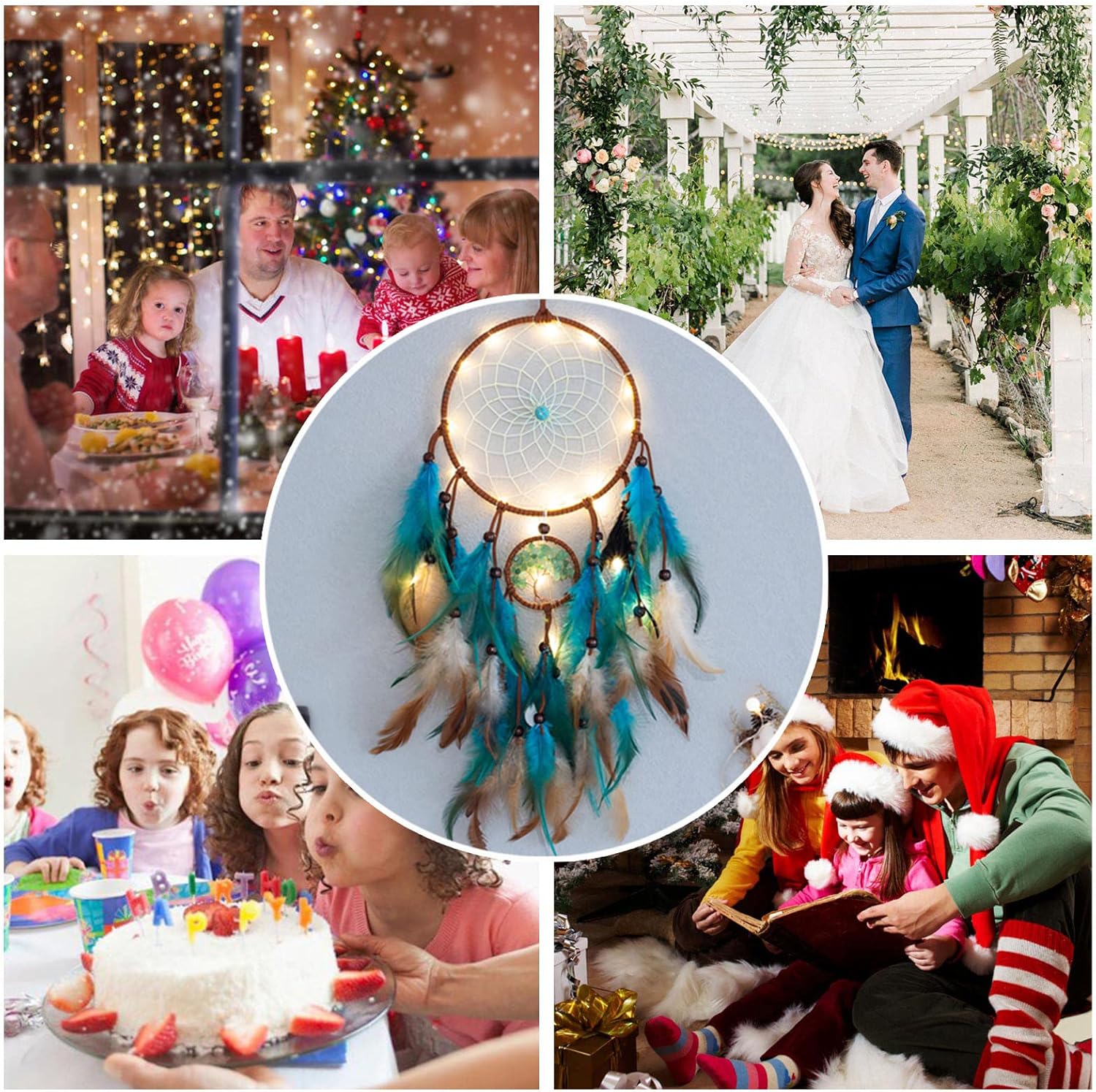 Dream Catcher with Blue Tree of Life and Feathers