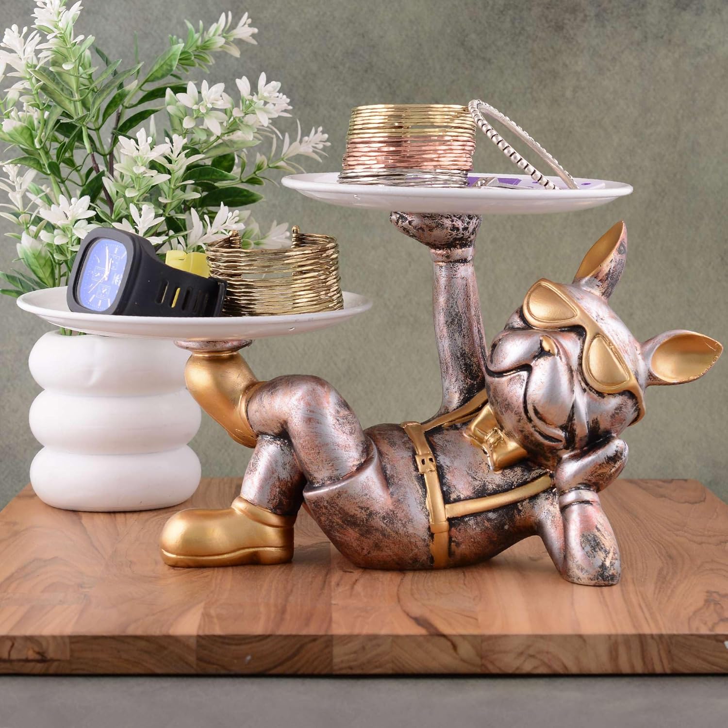 Cute Cool Dog Sculpture with Plate for Home Decor