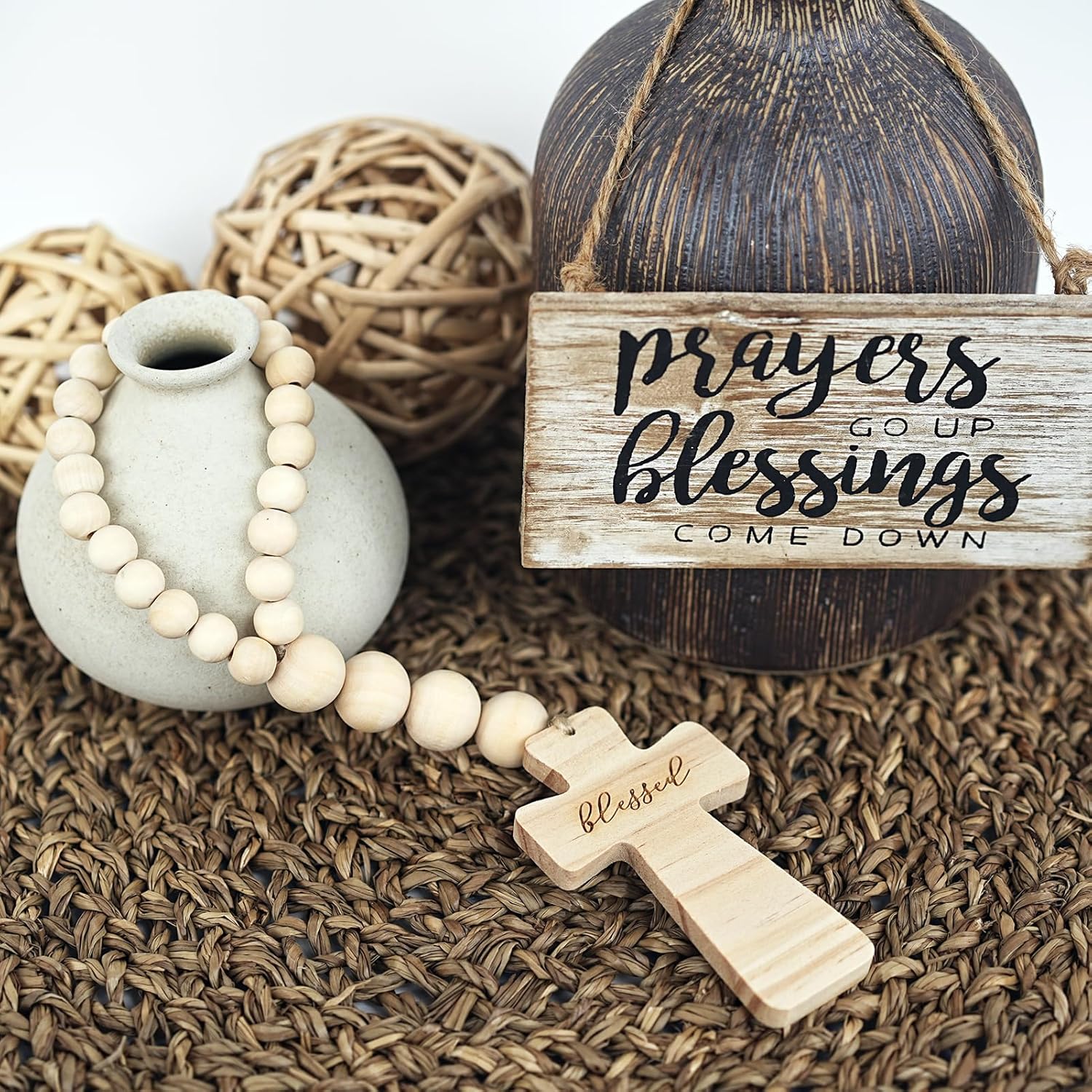 RUIRUICO Wood Bead Garland with Cross and Tassel