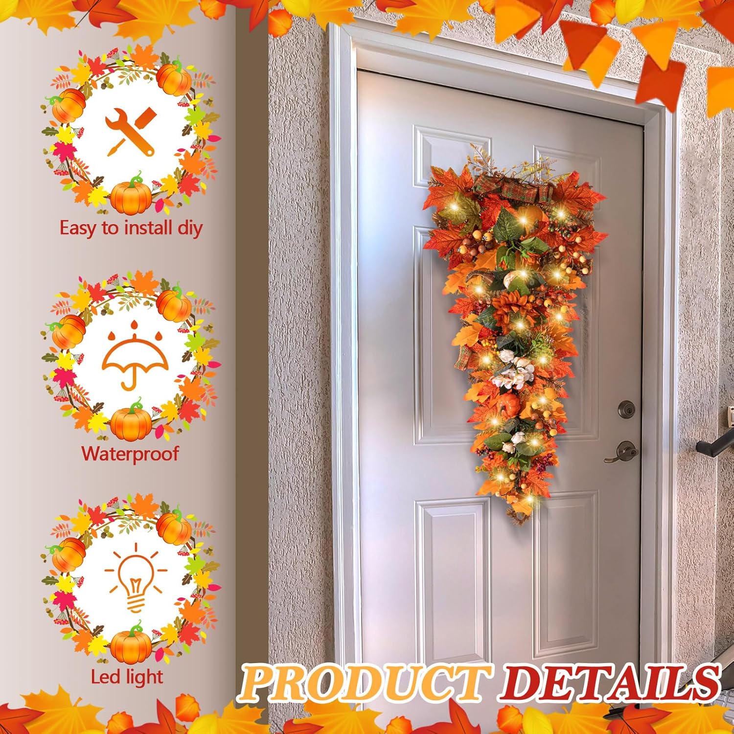 Hotop 36 Inch Fall Harvest Teardrop Swag with LED Light