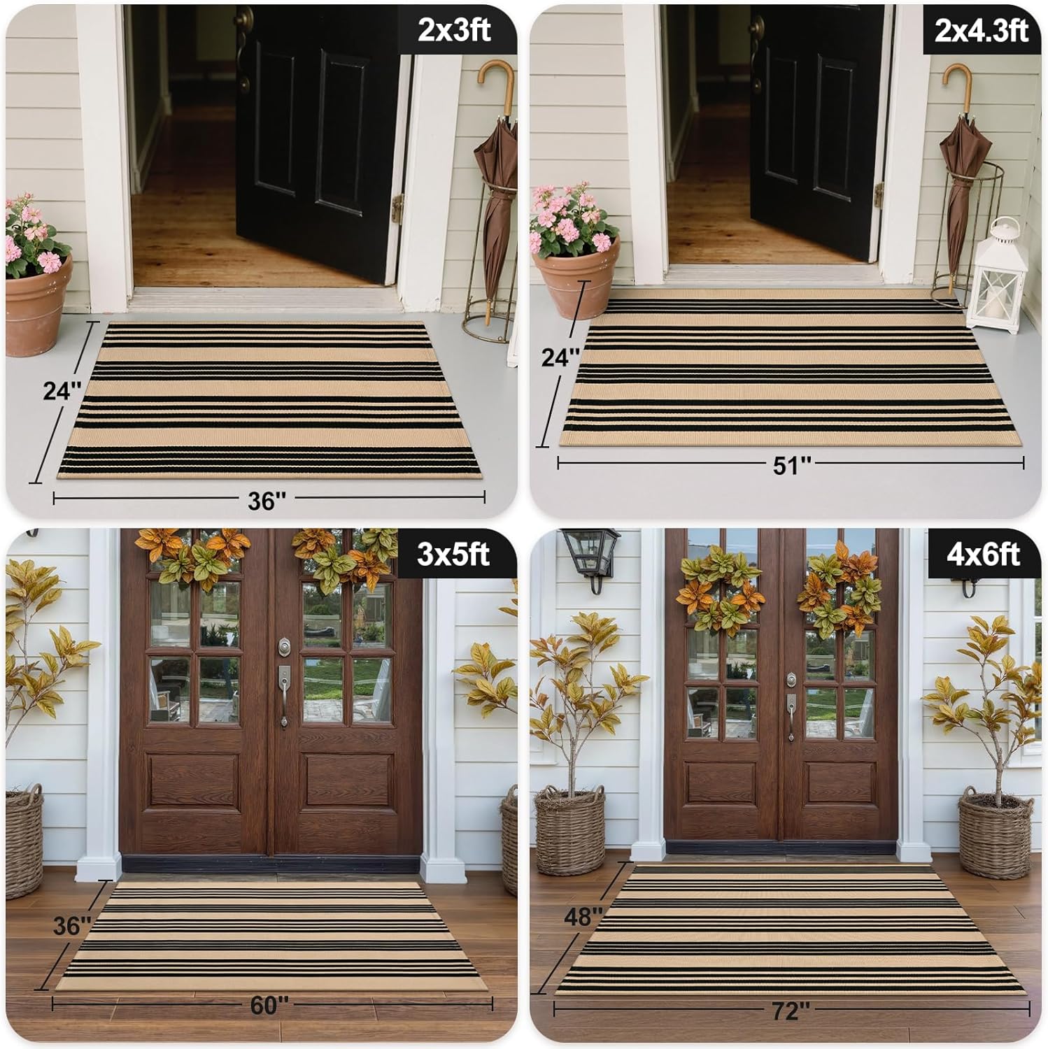 OJIA 24x51 Front Door Mat Black Tan Striped