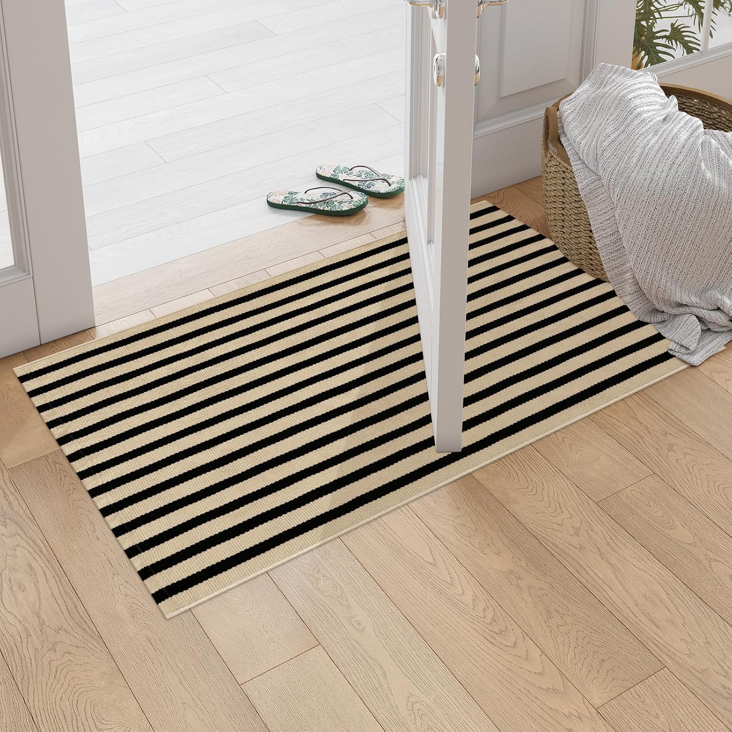 OJIA 24x51 Black and Tan Striped Front Door Rug