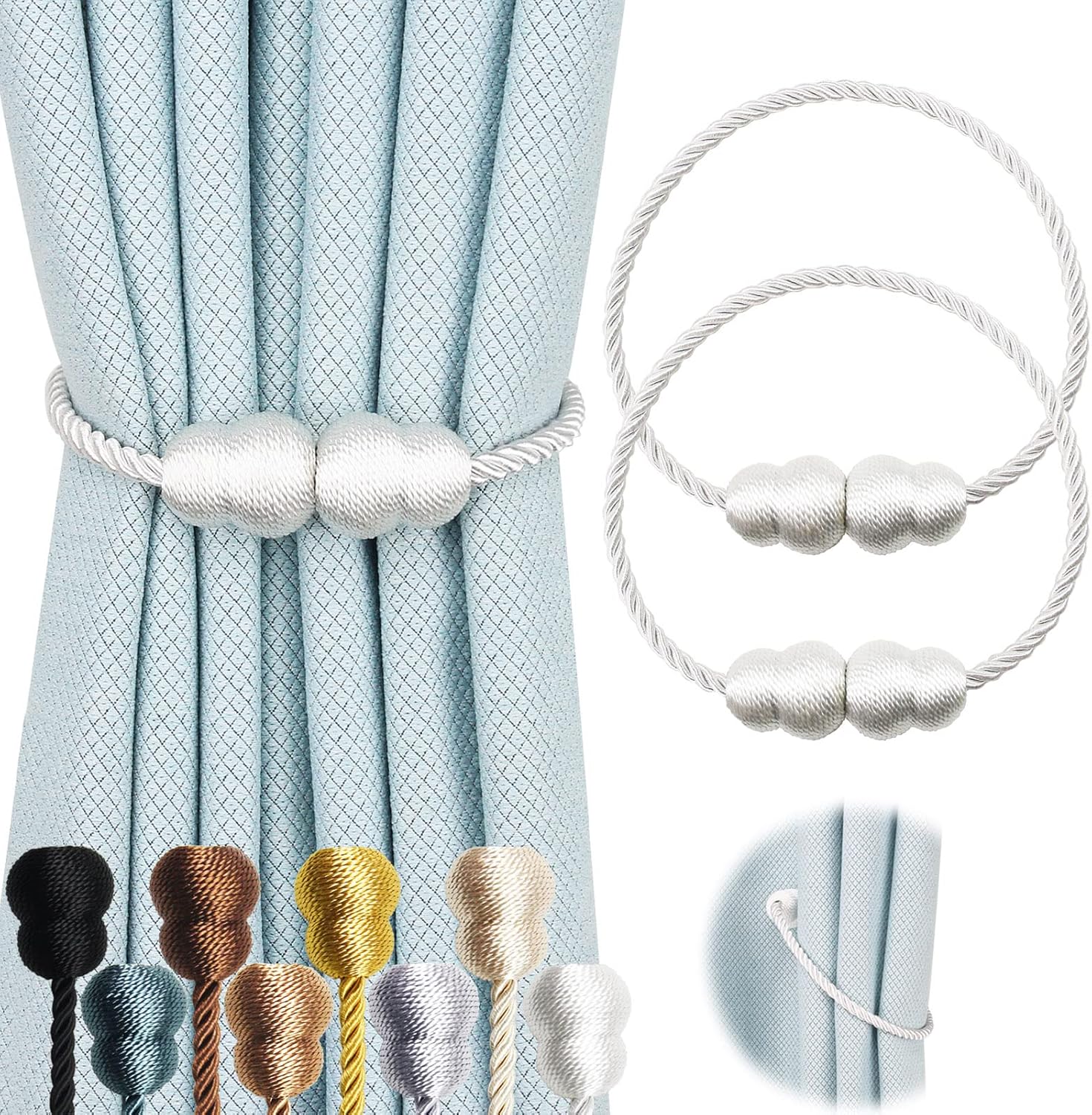 Magnetic Curtain Tiebacks 2 Pack White Rope Holders