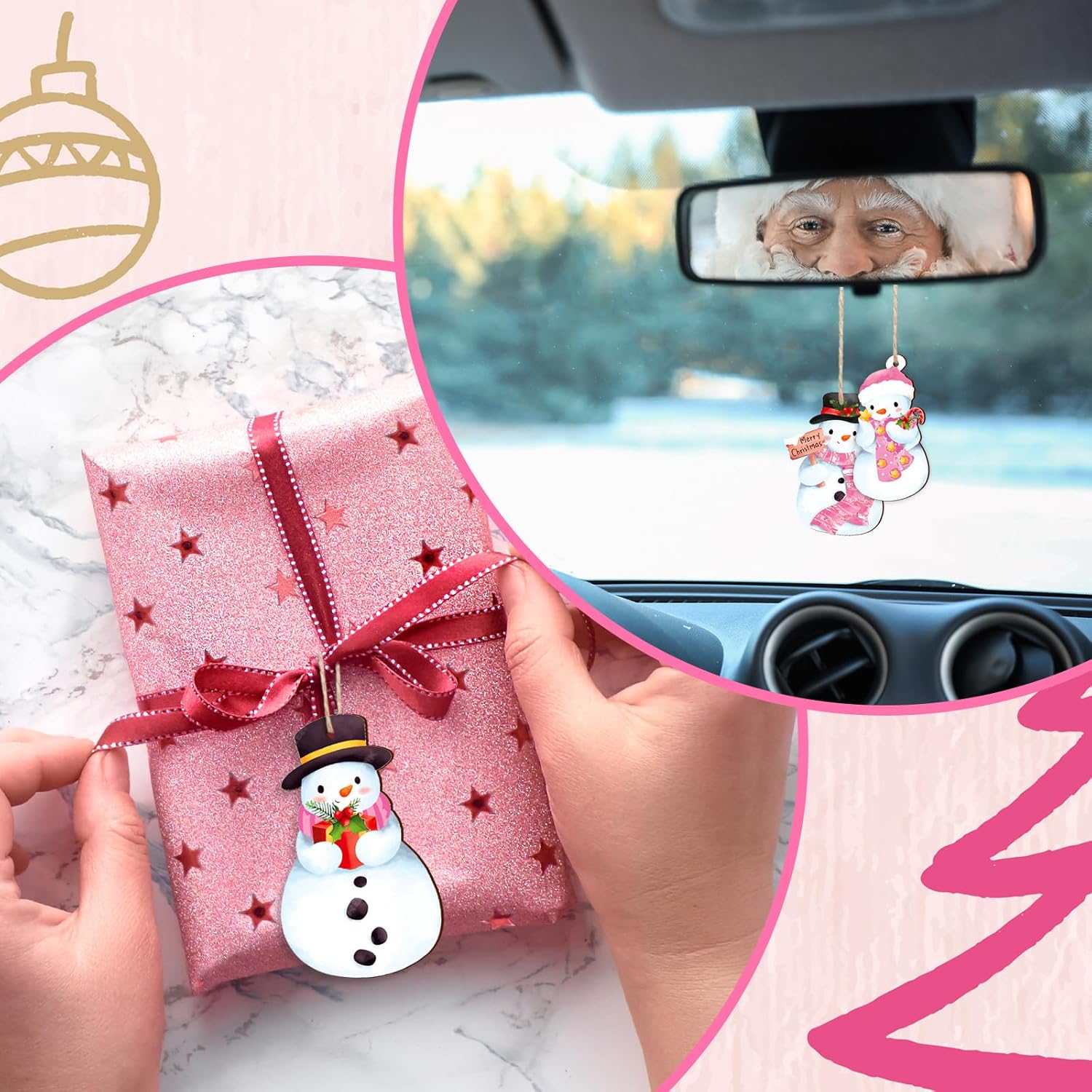 24Pcs Pink Christmas Wood Hanging Ornaments with Hemp Rope