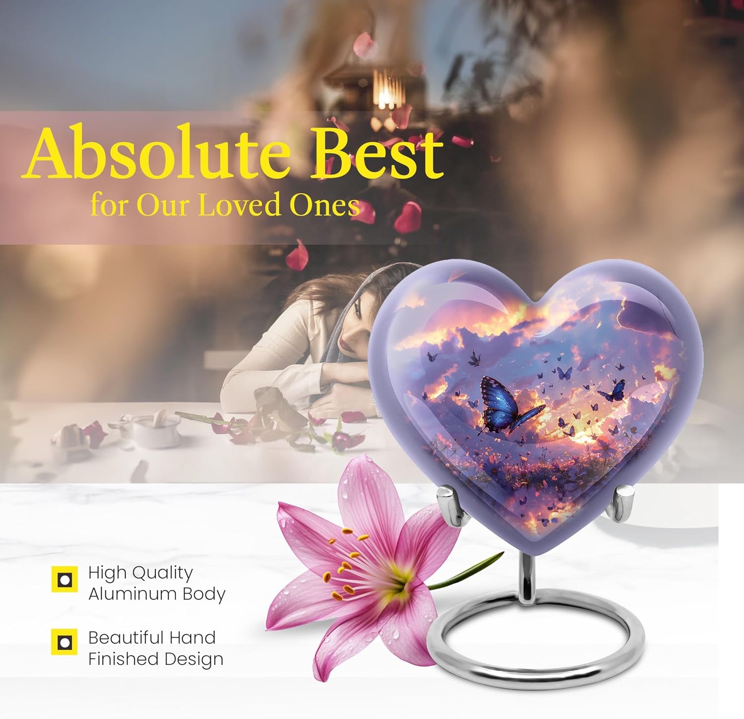 Twilight Butterflies Small Heart Urn - Purple Cremation Keepsake for Human Ashes