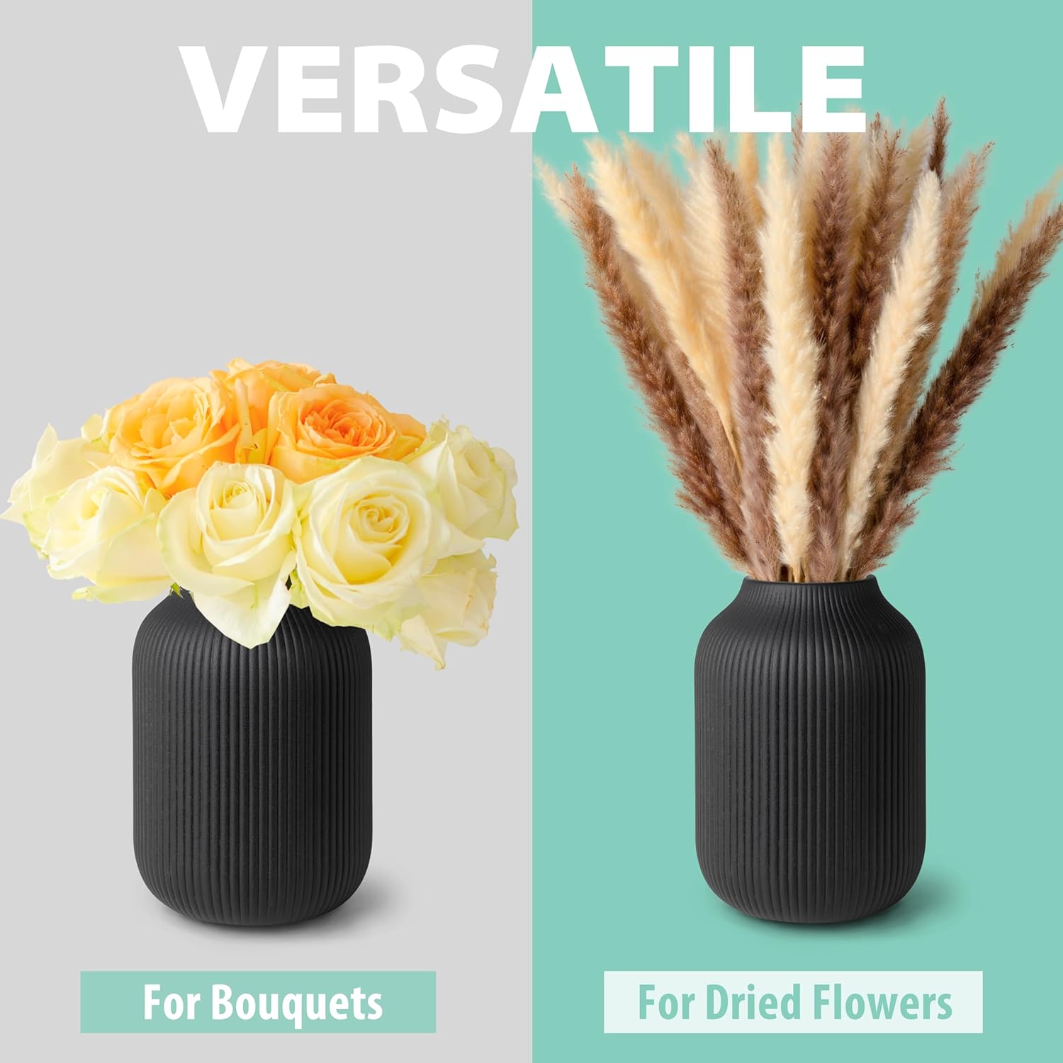 Flature Ceramic Vase with Grooves - Matte Black 20cm Tall