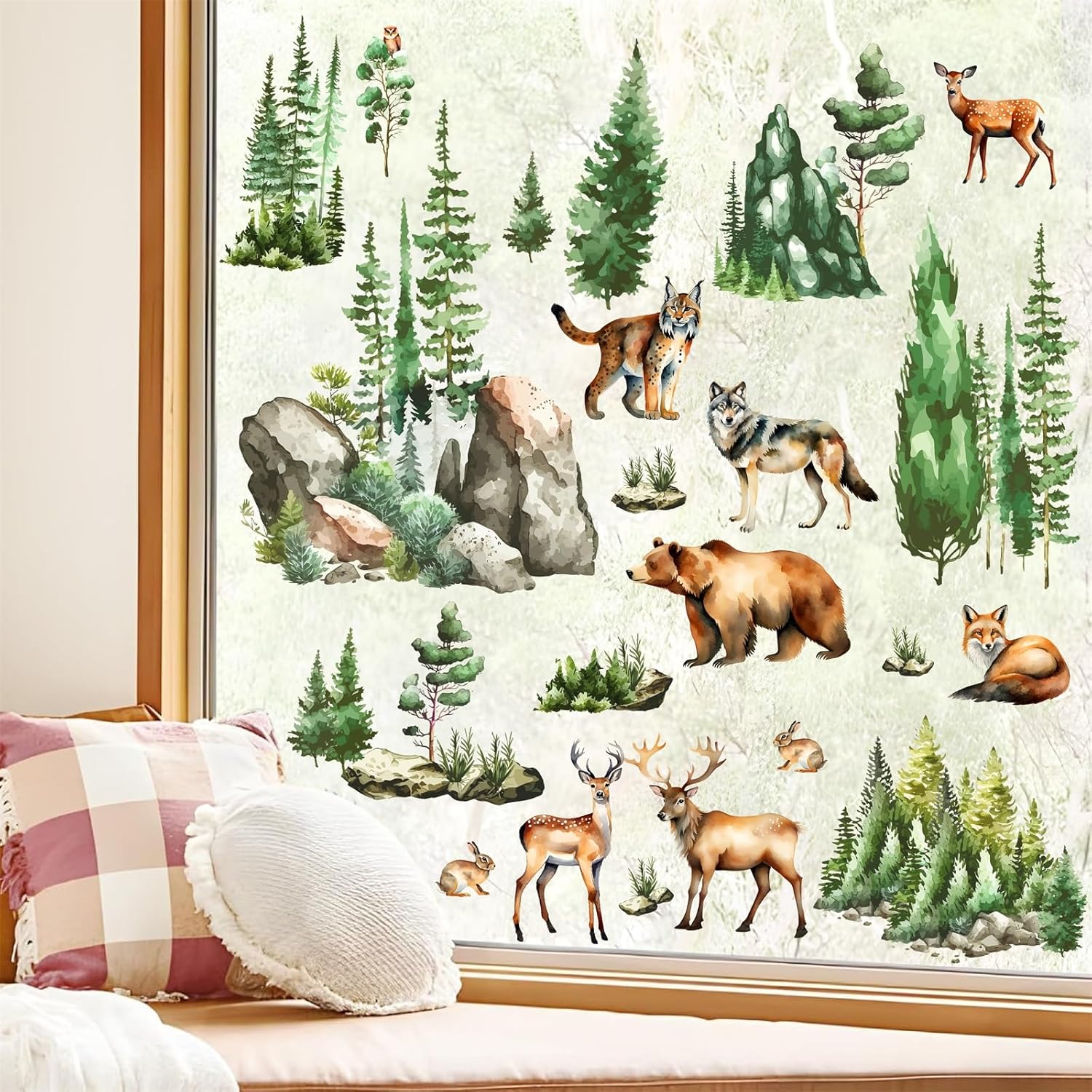 Woodland Animal Window Stickers with Green Pine Tree and Mountain Scenes