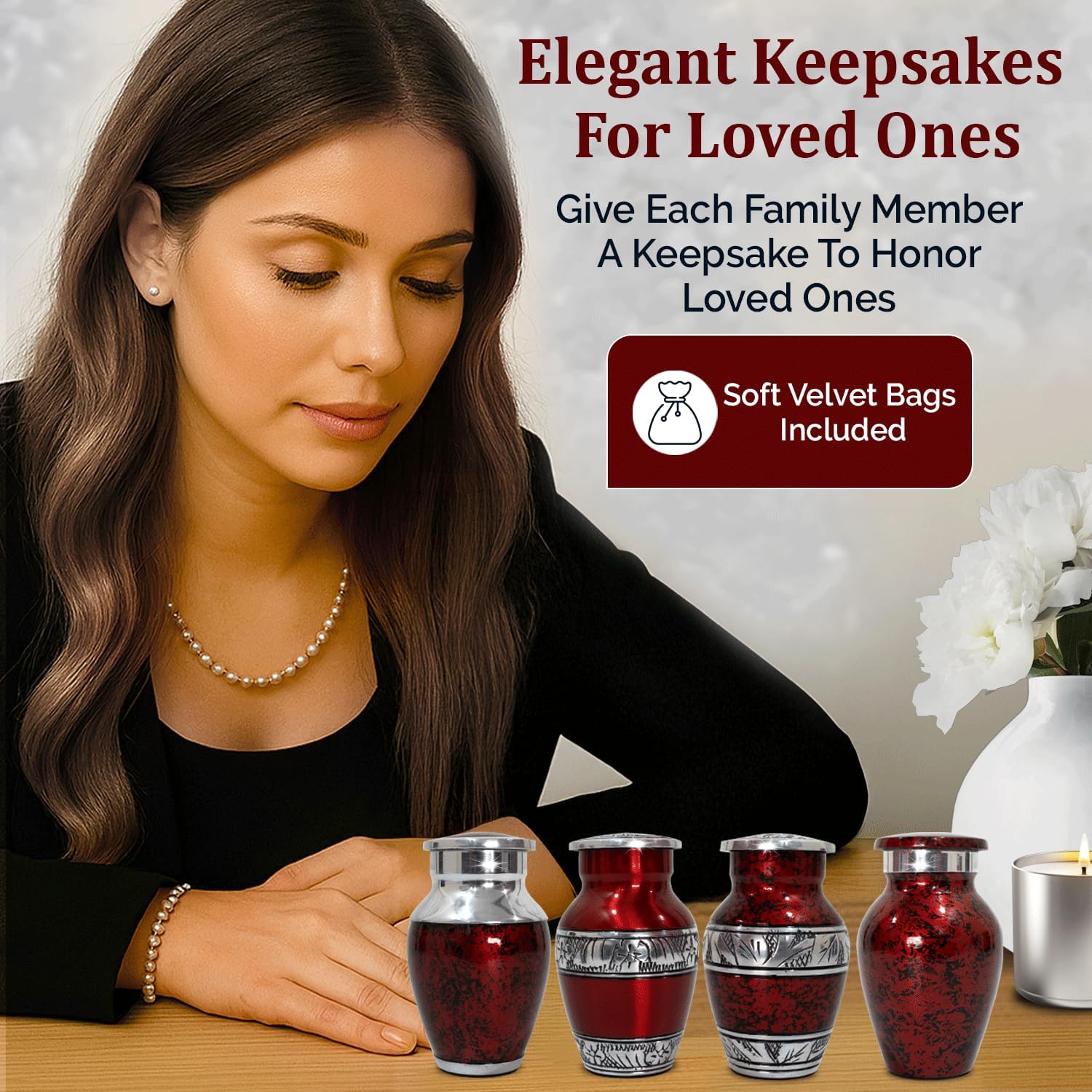 Elegant Cremation Urn Set - 5 Piece Red Urns with Velvet Bags