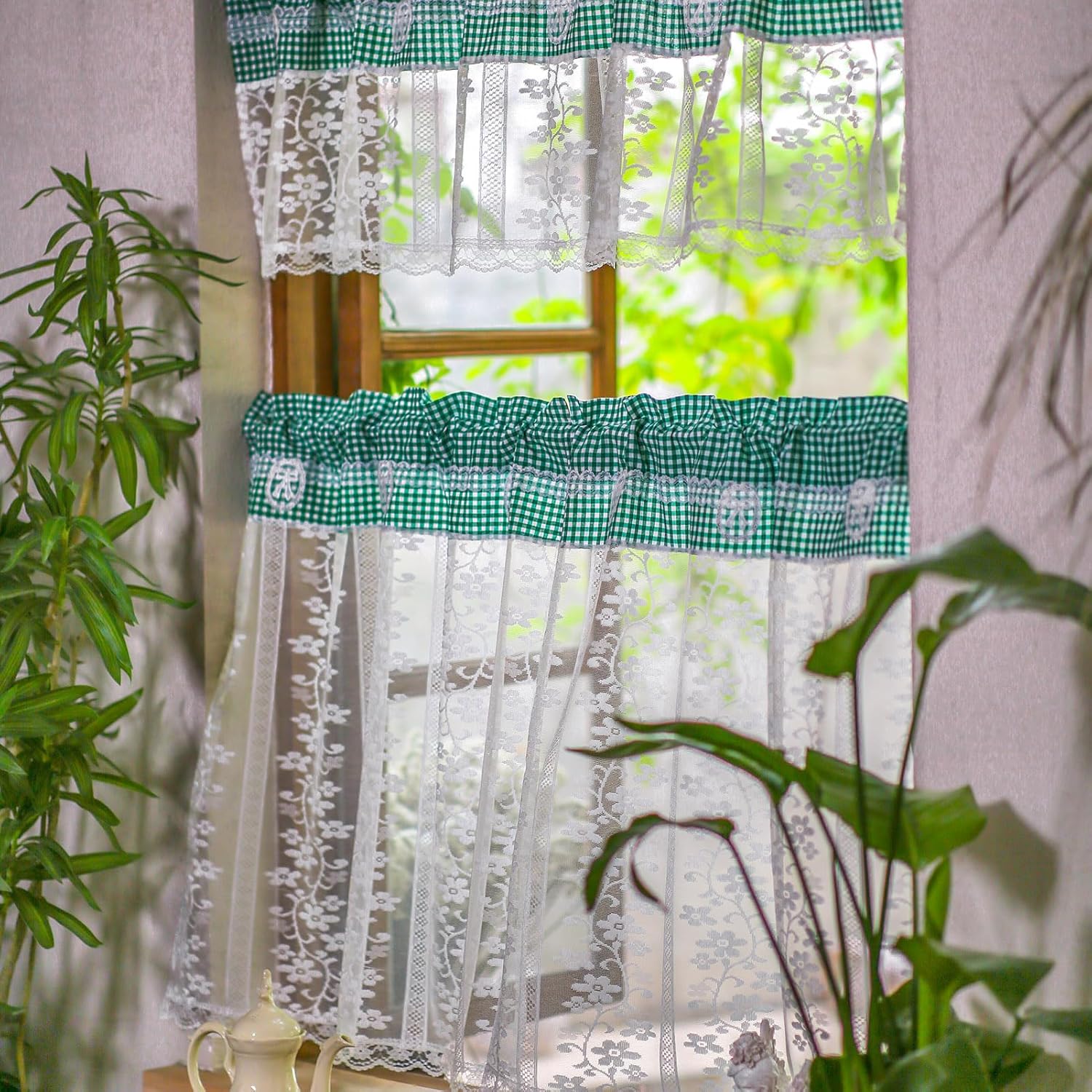 ARTMAGIC Tier Curtain Set 3pcs Sage Green Plaid Valance