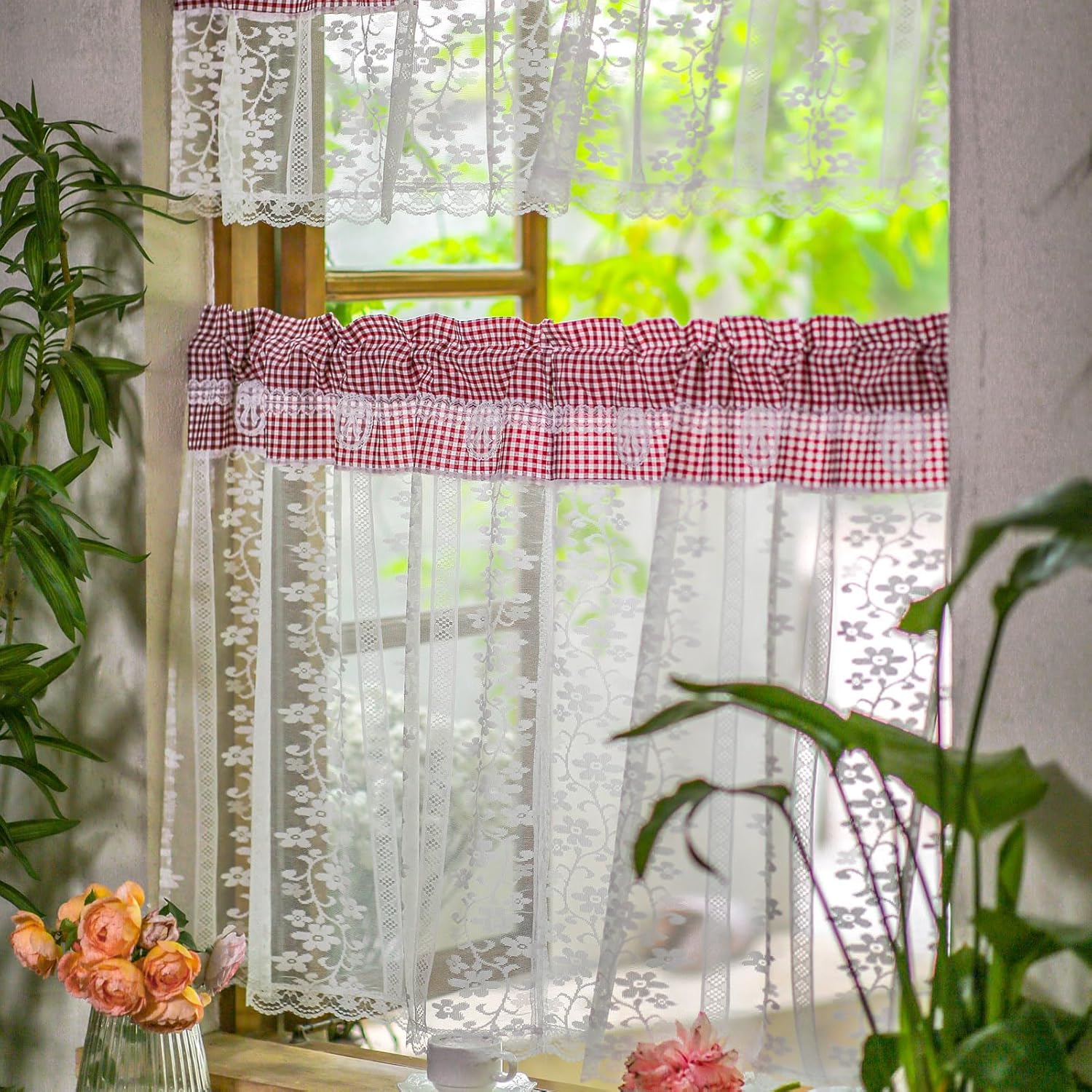 ARTMAGIC Red Plaid Tier Curtain Set with Valance 3pcs