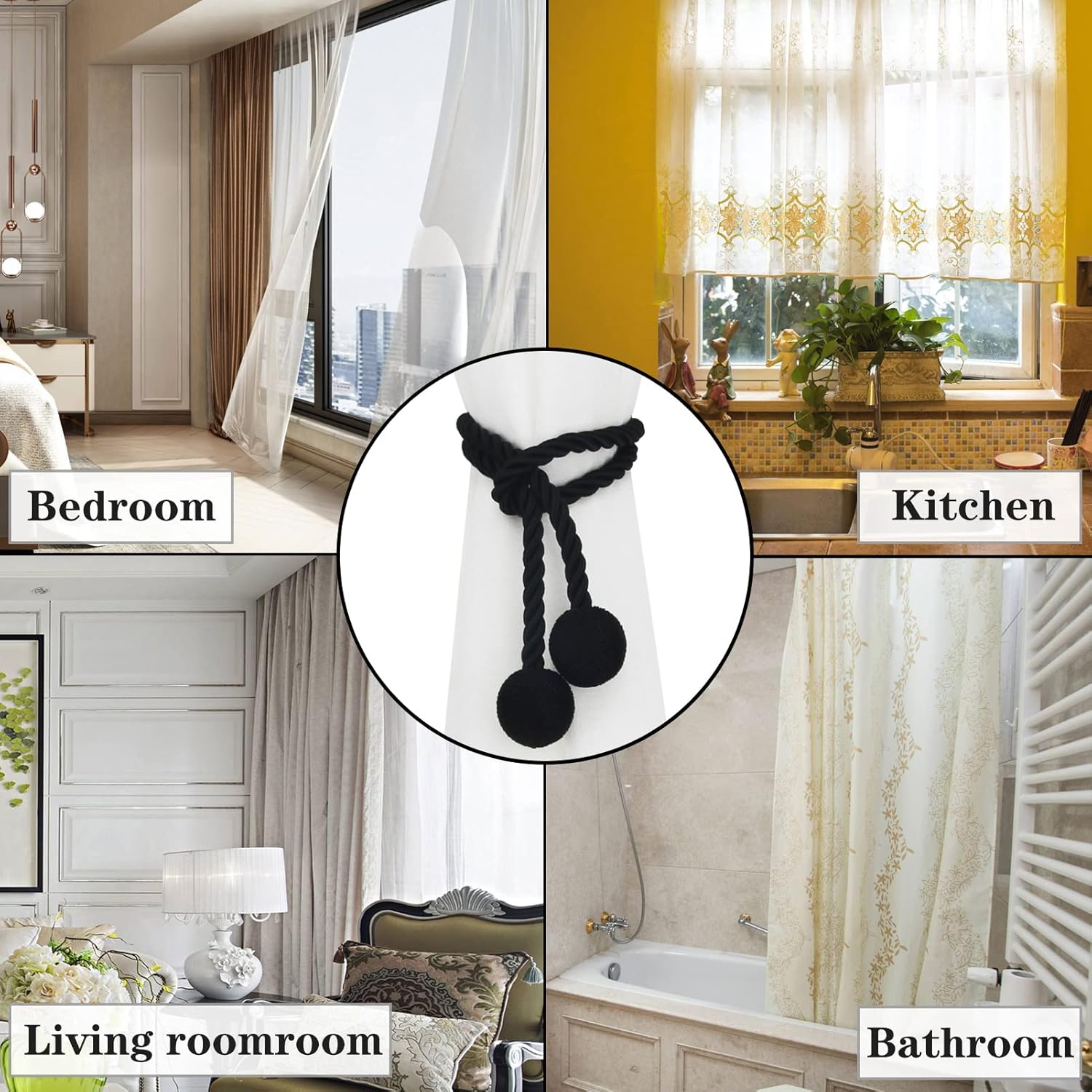 Modern Black Rope Curtain Tiebacks for Drapes
