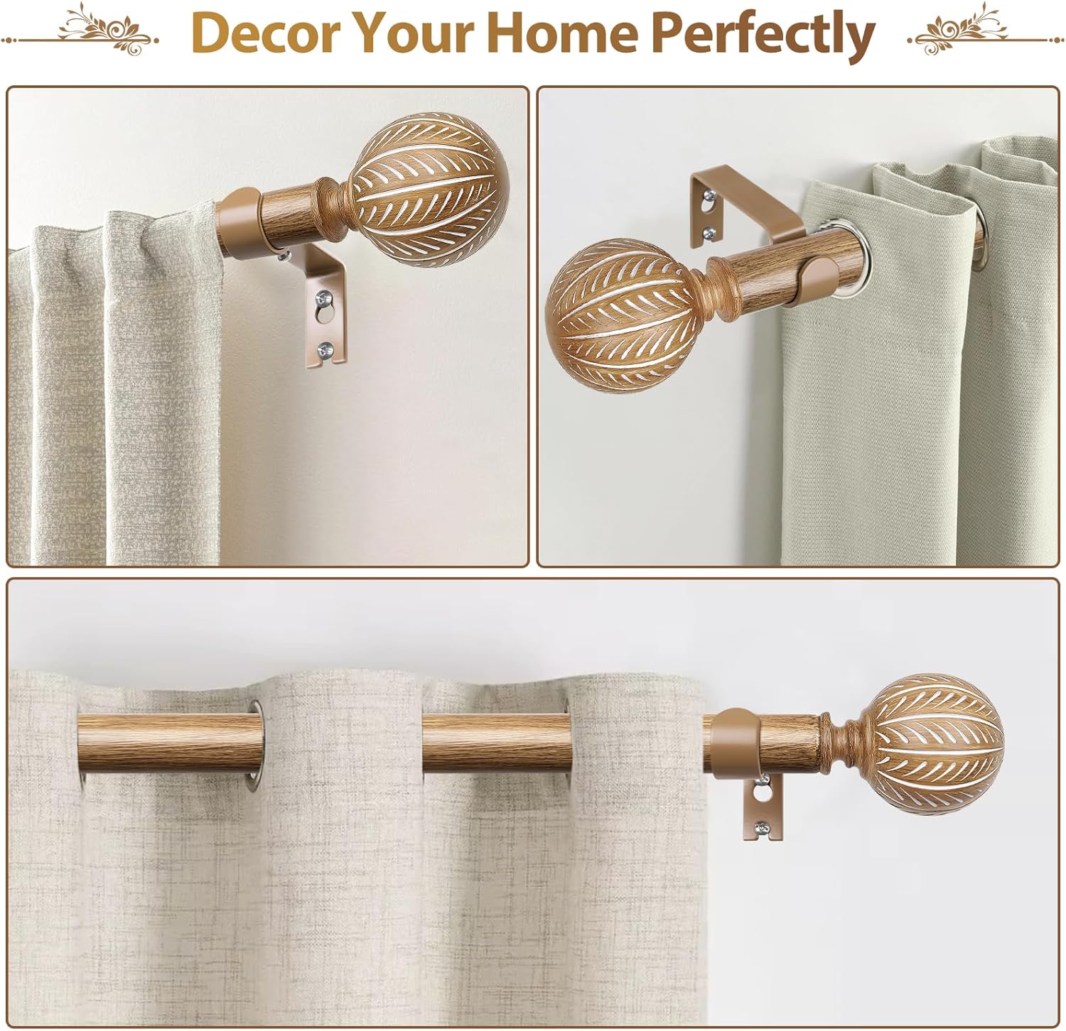 KAMANINA 1 Inch Adjustable Wooden Curtain Rods 48-84 Inch