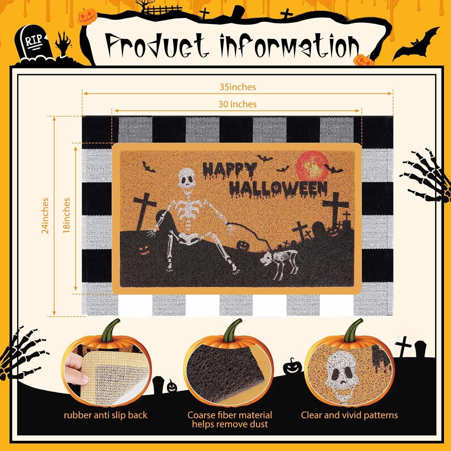 Halloween Skull Door Mat and Buffalo Plaid Rug Set