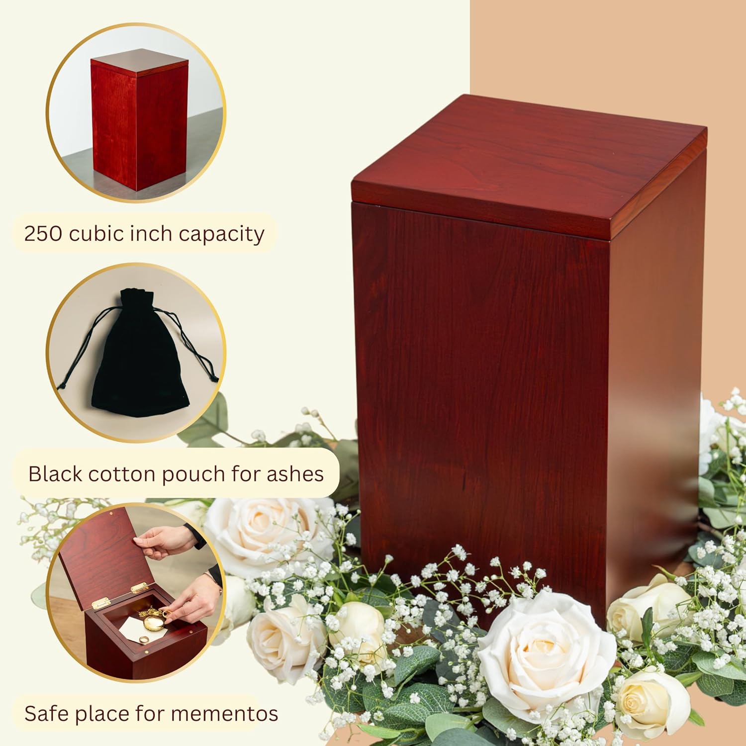 Solid Cherry Wood Cremation Urn for Adult Ashes 250 Cubic Inches
