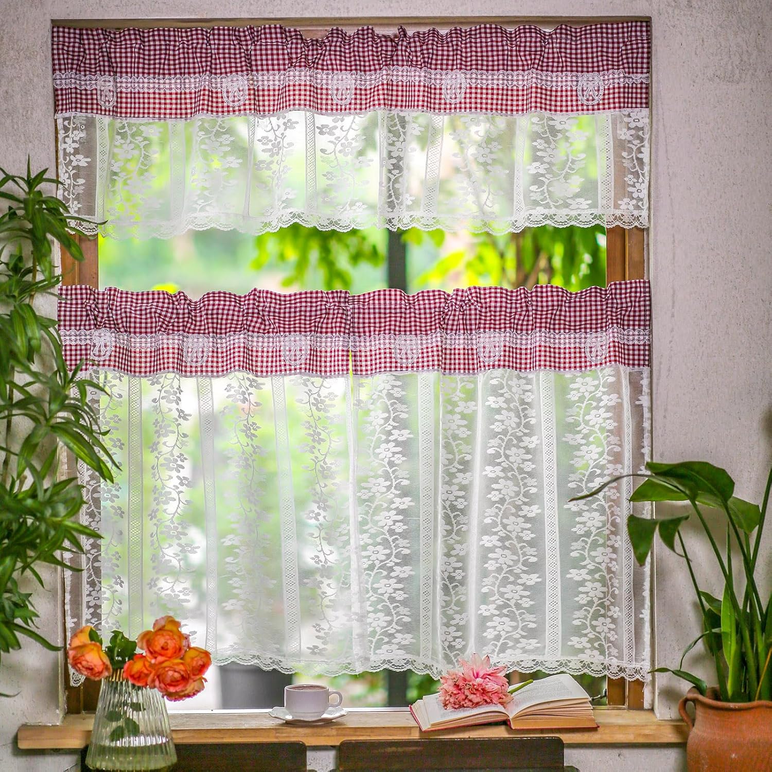 ARTMAGIC Red Plaid Tier Curtain Set with Valance 3pcs