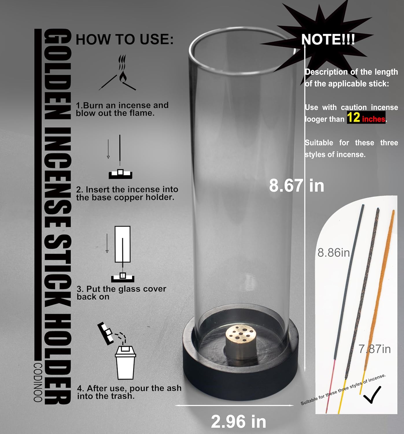 Modern Incense Stick Holder with Glass Ash Catcher Black