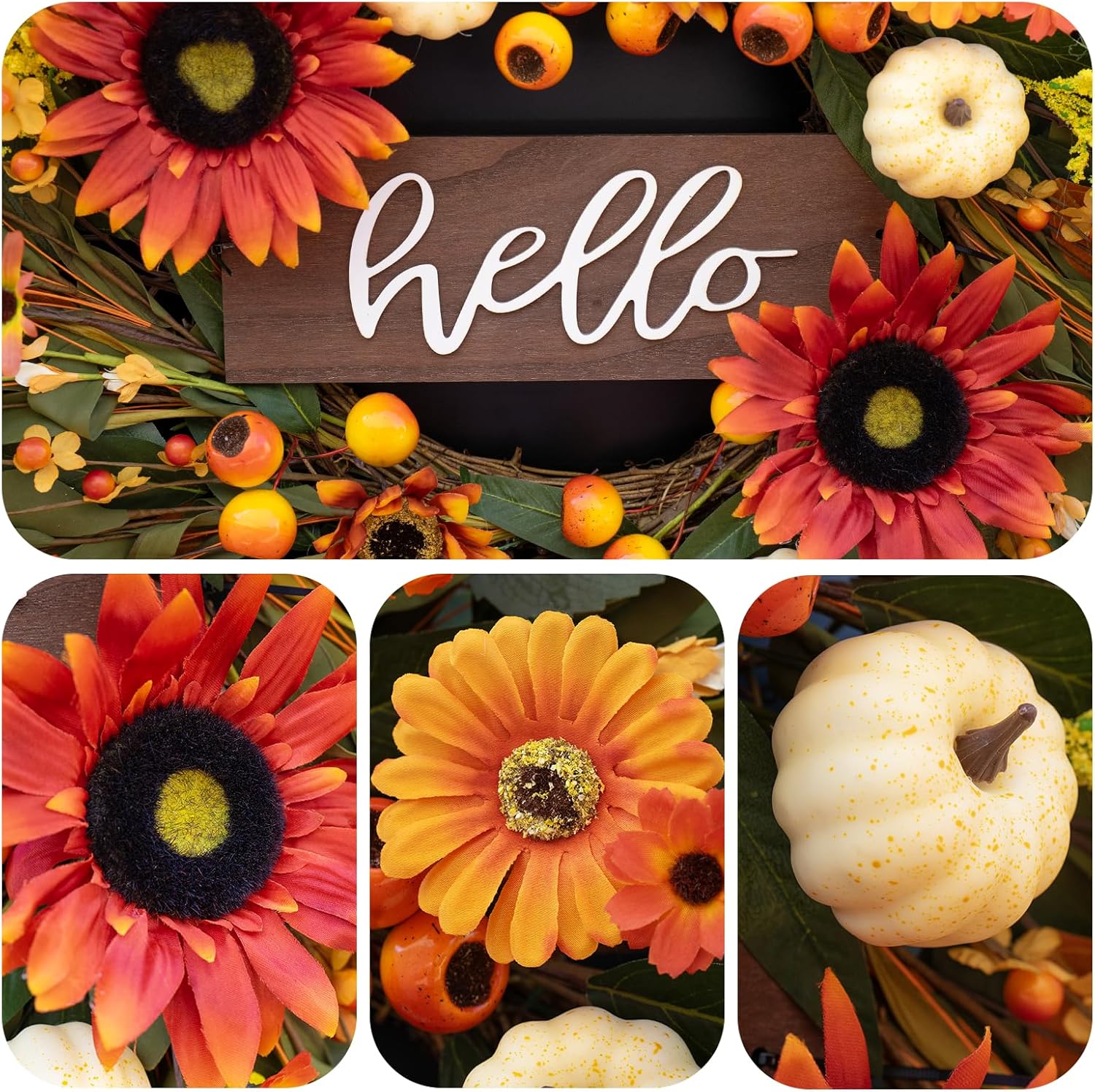24 Inch Artificial Autumn Wreath with Hello Sign