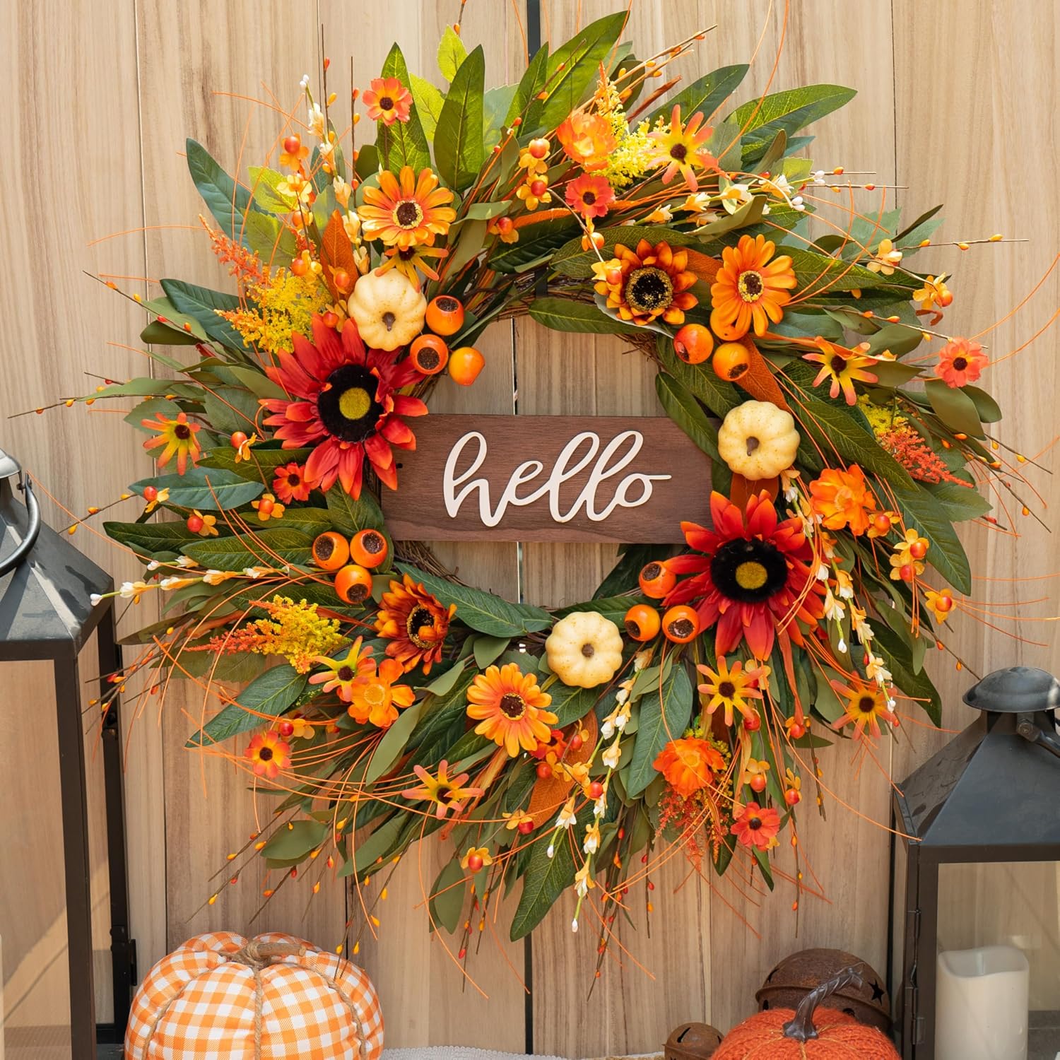 24 Inch Artificial Autumn Wreath with Hello Sign