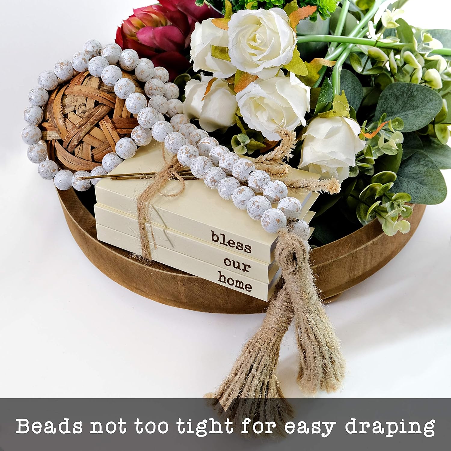 Farmhouse Wood Bead Garland Decor Tassels