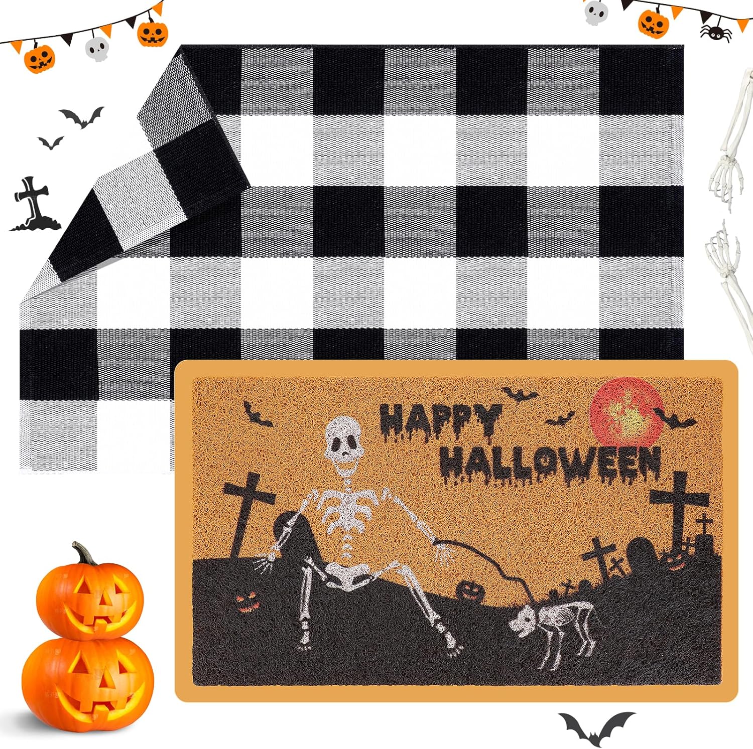Halloween Skull Door Mat and Buffalo Plaid Rug Set