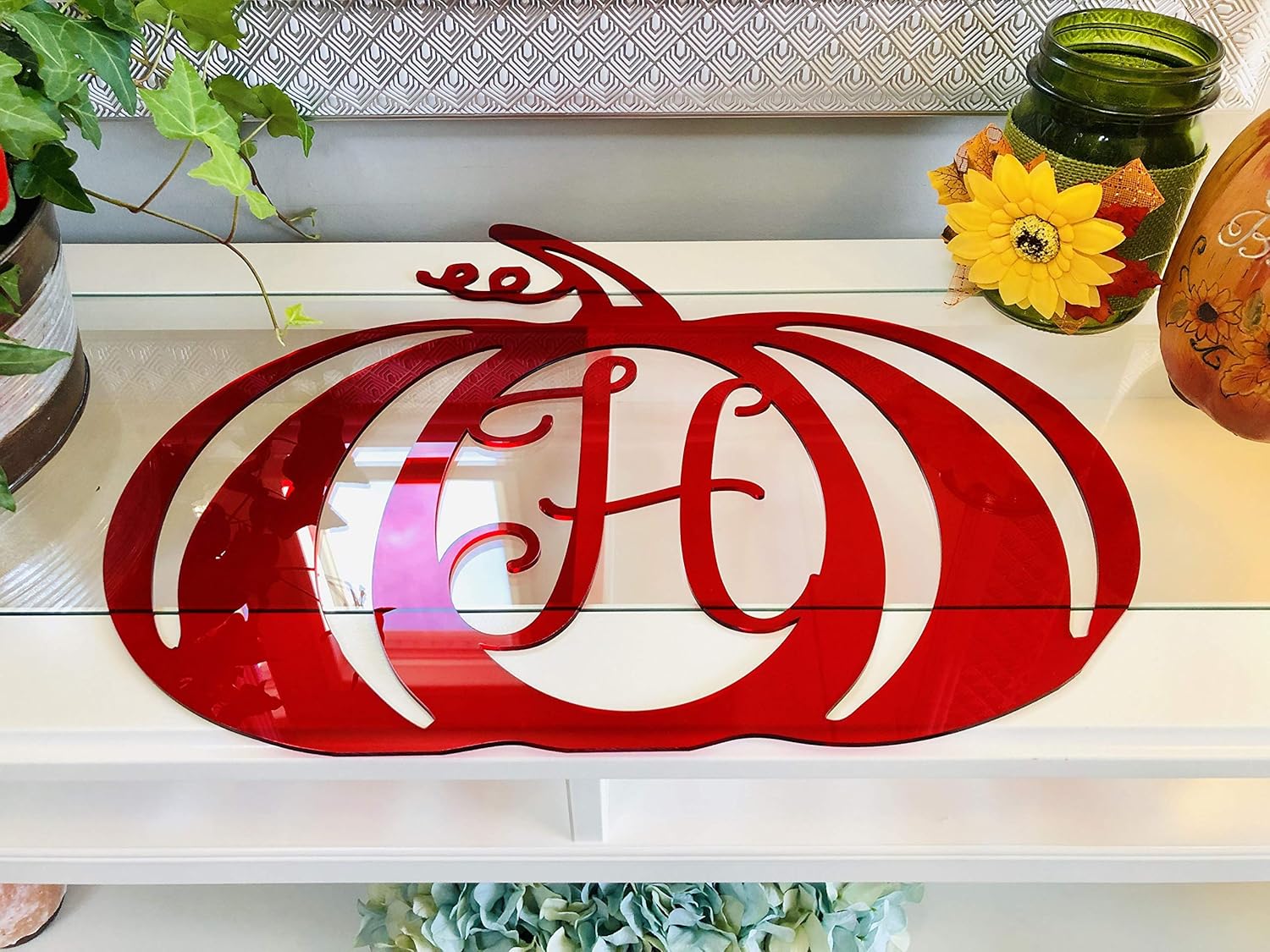 DistinctAndUnique Halloween Pumpkin Monogram Door Hanger - Transparent Red Acrylic