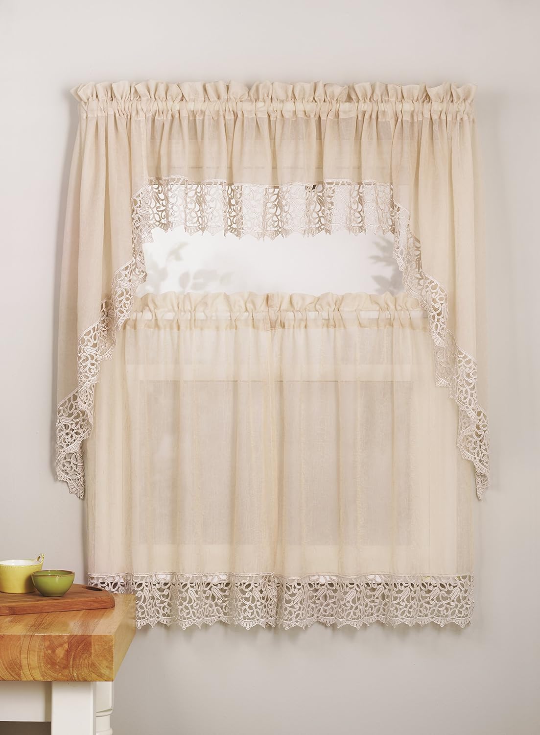 Mk Home 3pc White Beige Crushed Kitchen Cafe Curtain Tier Swag Set