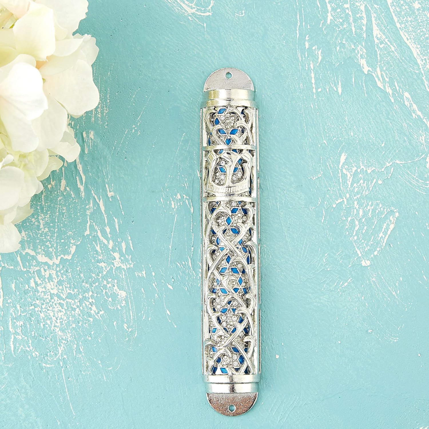 Matashi Hand Painted Enamel Mezuzah with Hebrew Shin and Crystals