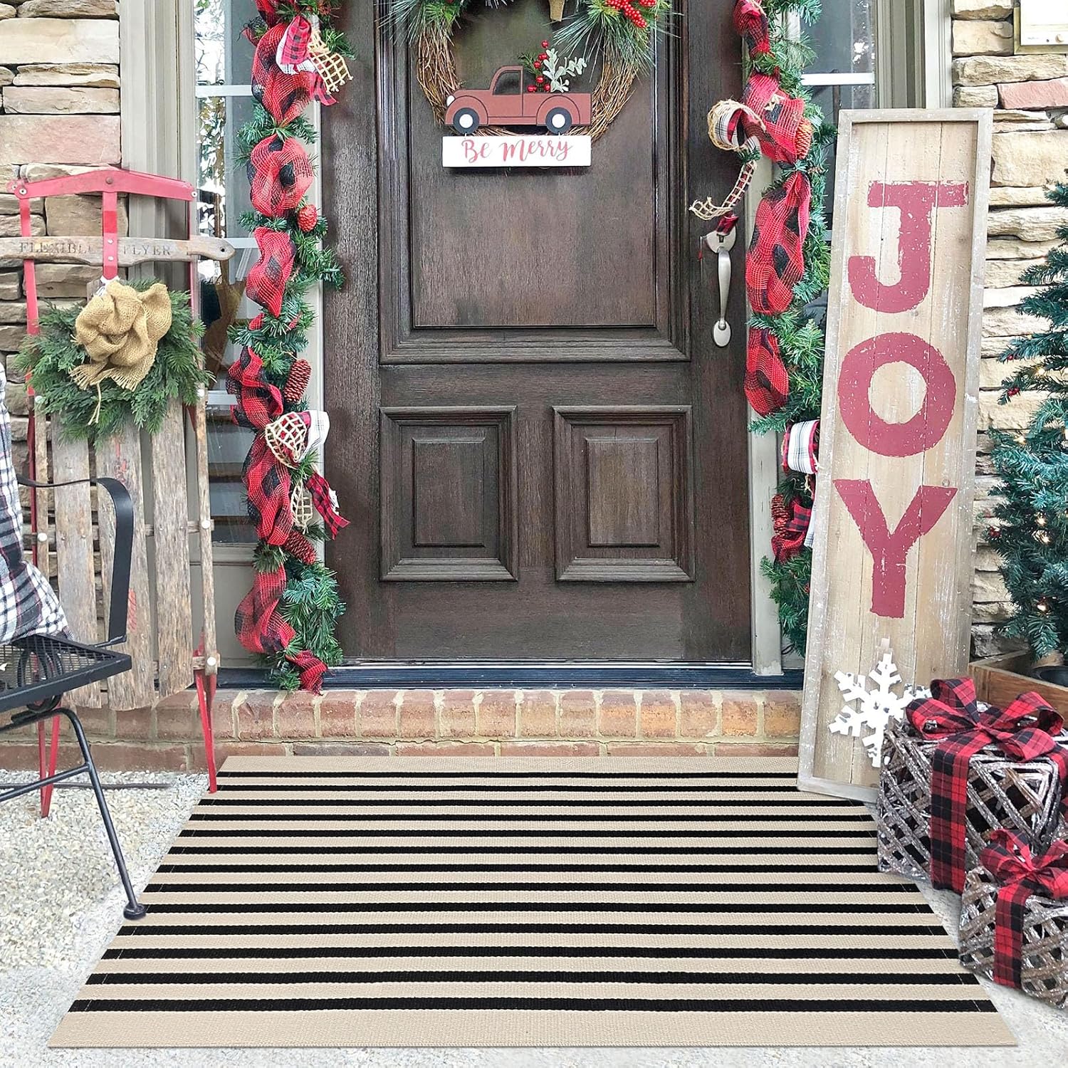 KILOCOCO Beige Striped Front Door Rug 23x36