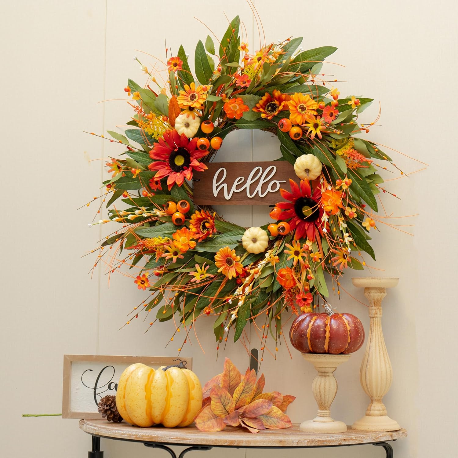 24 Inch Artificial Autumn Wreath with Hello Sign