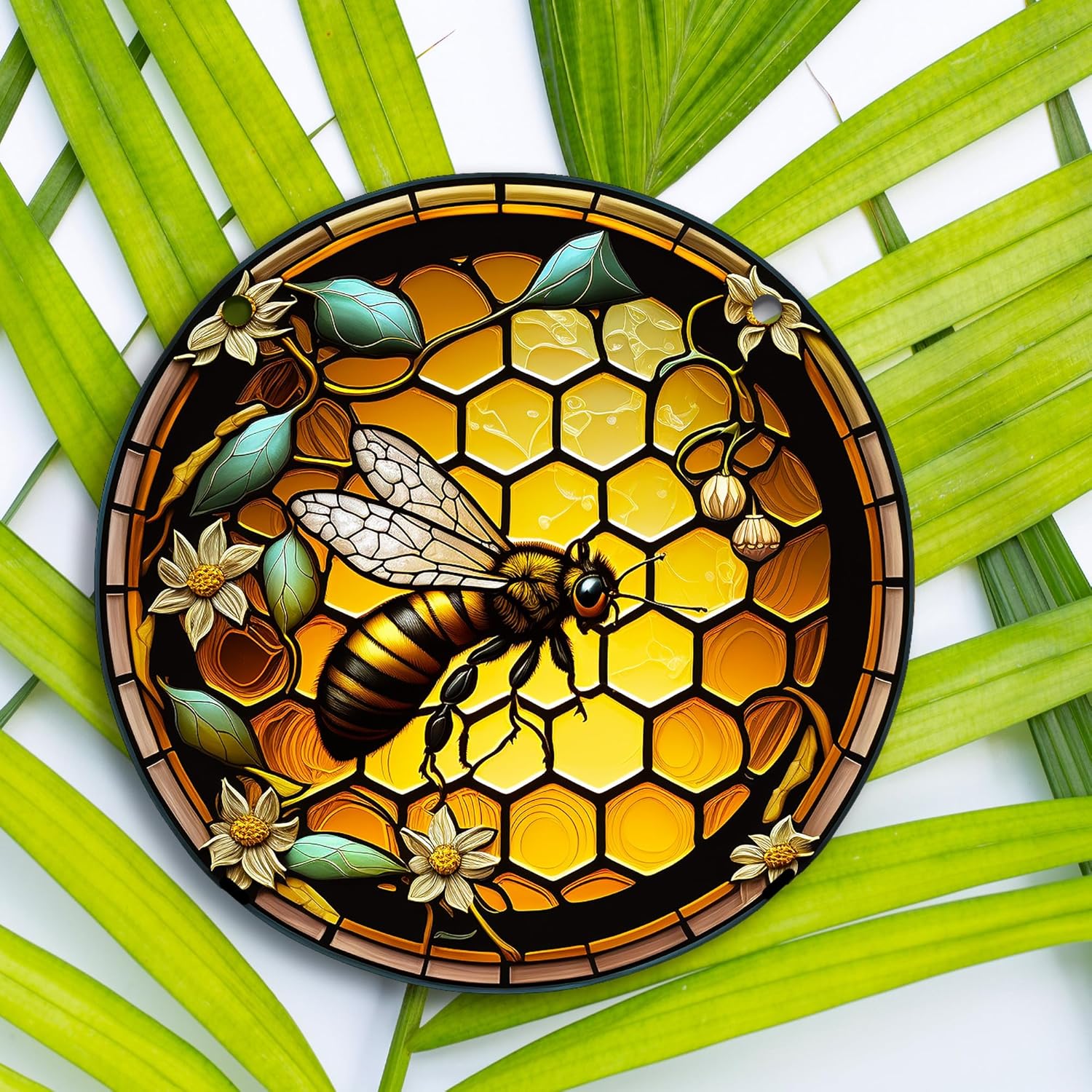 HOTIYOK Retro Yellow Hive Stained Glass Window Decor with Chain